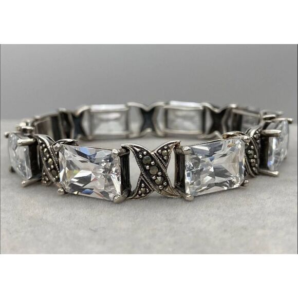 Gorgeous 925 SS Emerald Cut Sim Diamond & Marcasite Accent Link Bracelet - Picture 1 of 5